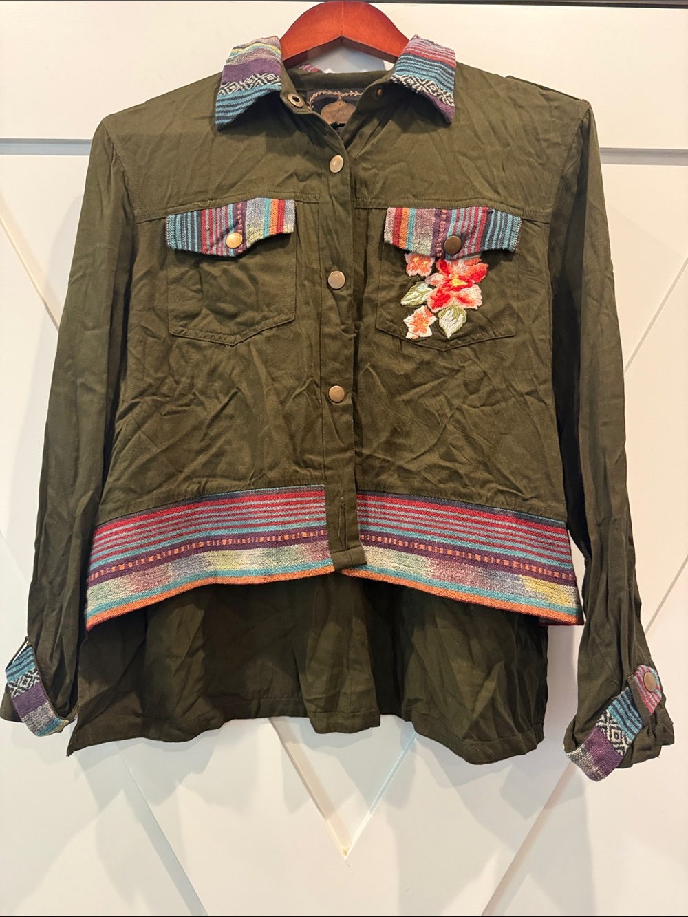 Olive Green Embroidered Utility Jacket with Multicolor Trim